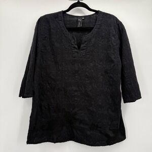Focus Casual Life Black Cotton Embroidered Tunic Top Split Neck 3/4 Sleeve L
